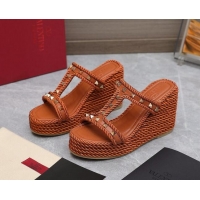 Good Quality Valentino Rockstud Wedge Slide Sandals 9.5cm in Calfskin Brown 626007