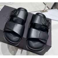 Good Product Valentino Vlogo Slide Sandals in Leather Strap Black 712055