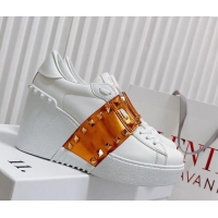 Unique Style Valentino Open Disco Wegde Sneakers in Calfskin with Gold Metallic Band White 0725051