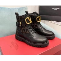 Pretty Style Valentino VLogo Signature Combat Ankle Boots in Calfskin and Toile Iconographe Fabric VLTN08284 Black/Beige