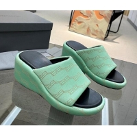 Top Grade Balenciaga Wedge Slide Sandals 7cm in BB Canvas Light Green 524008