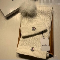 Famous Brand Moncler Wool Knit Hat and Scarf Set M092373 White 2022