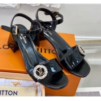 Purchase Louis Vuitton Patent Leather Heel Sandals 5.5cm with Crystal LV Circle Black 607130