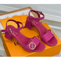 Best Grade Louis Vuitton Grained Leather Heel Sandals 5.5cm with LV Circle Dark Pink 607134