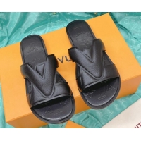 Luxury Louis Vuitton LV Oasis Flat Slide Sandals in Grained Leather Black 1AA4CB 608030