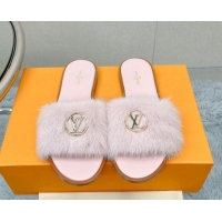 Luxurious Louis Vuitton LV Mink Fur Flat Slide Sandals Light Pink 609049