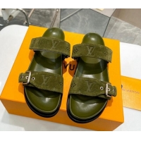 Purchase Louis Vuitton Bom Dia Flat Comfort Slide Sandals in Monogram Suede Green 625074
