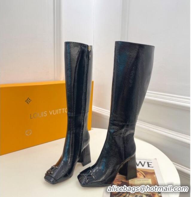 Grade Quality Louis Vuitton Shake Heel High Boots 9cm in Snakeskin-Like Leather Black 831034