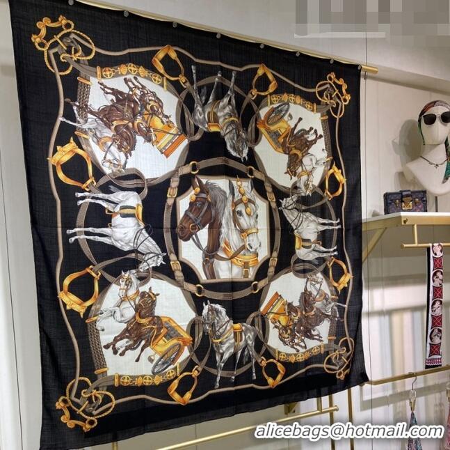 Well Crafted Hermes Embroidered Grand Cashmere Shawl Scarf 140cm 0807 Black 2023