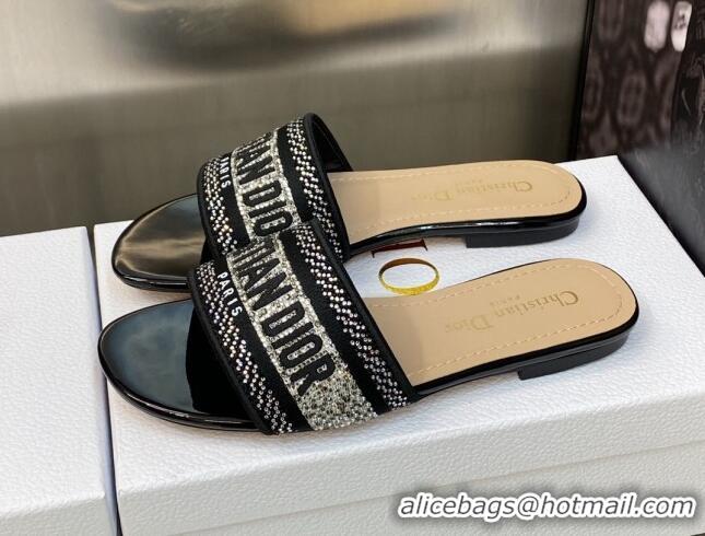 Hot Style Dior Dway Flat Slide Sandals in Black Cotton Embroidered with Silver-Tone Crystal 606008