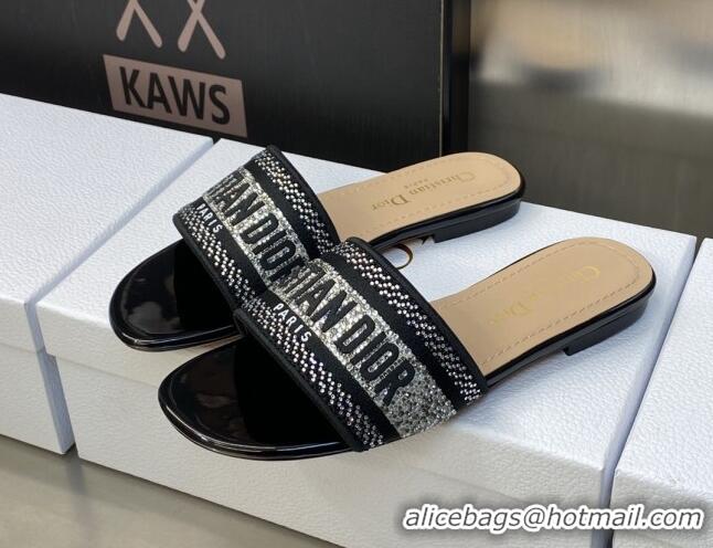 Hot Style Dior Dway Flat Slide Sandals in Black Cotton Embroidered with Silver-Tone Crystal 606008