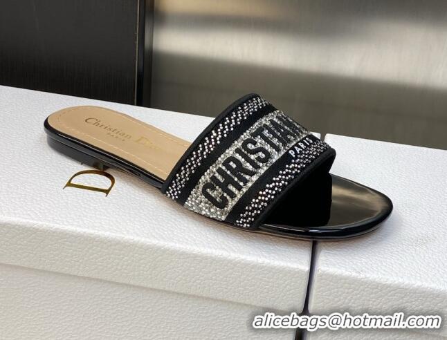 Hot Style Dior Dway Flat Slide Sandals in Black Cotton Embroidered with Silver-Tone Crystal 606008