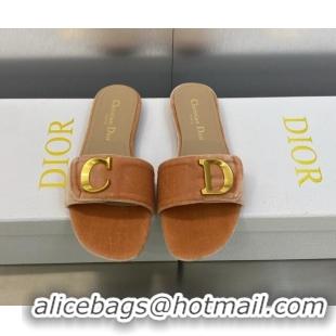 Sumptuous Dior C'est Dior Flat Slide Sandals in Apricot Velvet with CD Letters 606075