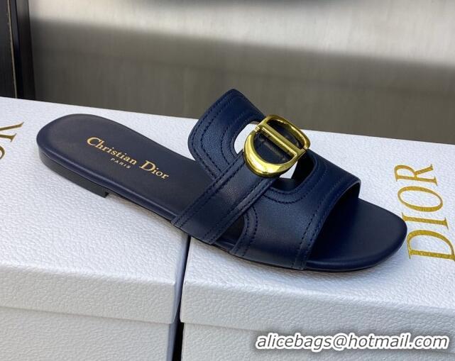 Luxury Cheap Dior 30 Montaigne Flat Slide Sandals in Navy Blue Calfskin 606093