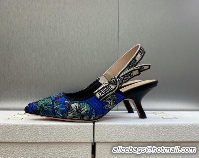 Charming Dior J'Adior Slingback Pumps 6.5cm in Cobalt Blue Multicolor Embroidered Cotton with Toile de Jouy Voyage Motif