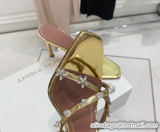 Big Discount Amina Muaddi Lily Lambskin High Heel Sandals 9.5cm with Crystals and Bloom Gold 071034