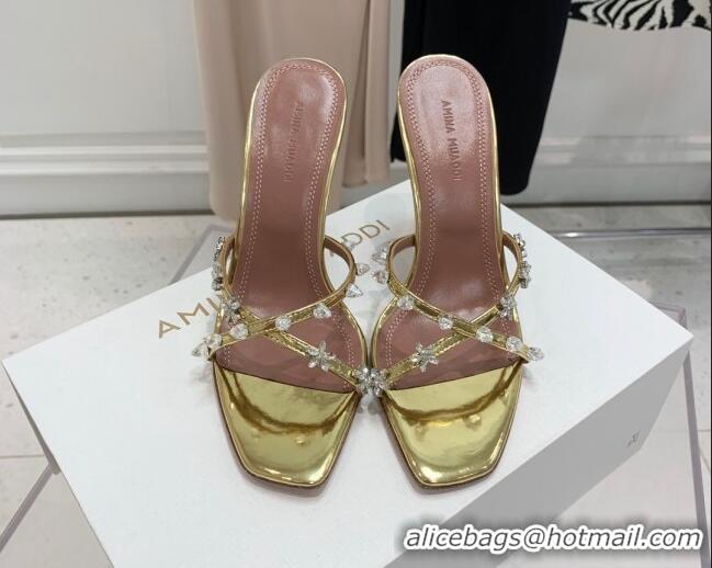 Big Discount Amina Muaddi Lily Lambskin High Heel Sandals 9.5cm with Crystals and Bloom Gold 071034