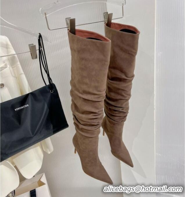Popular Style Amina Muaddi Jahleel Thigh High Boot 95MM ST Heel Brown 238304