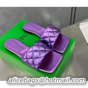 Top Design Bottega Veneta Padded Quilted Metallic Leather Flat Slide Sandals Purple 020721