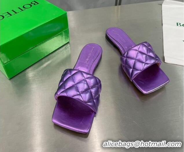Top Design Bottega Veneta Padded Quilted Metallic Leather Flat Slide Sandals Purple 020721
