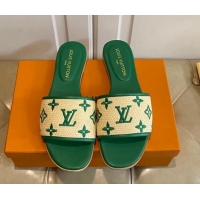 Low Cost Louis Vuitton Flat Slide Sandals in Straw and Lambskin Green 711143