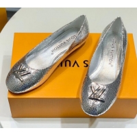 Good Product Louis Vuitton Nina Flat Ballerinas in Crinkled Metallic Leather with LV Silver 725061