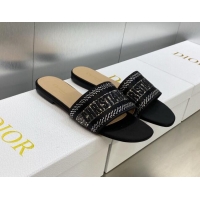 Best Grade Dior Dway Flat Slide Sandals in Black Cotton Embroidered with Crystals 605056
