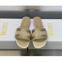 Classic Hot Dior Dway Flat Slide Sandals in Gold-Tone Cotton Embroidered with Metallic Thread and Crystals 605064
