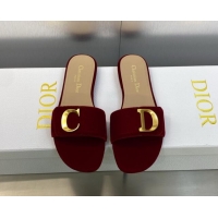 Unique Style Dior C'est Dior Flat Slide Sandals in Burgundy Velvet with CD Letters 606079