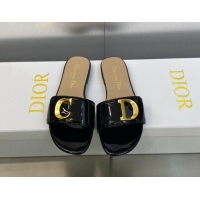 Unique Style Dior C'est Dior Flat Slide Sandals in Black Patent Calfskin with CD Letters 606087