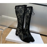 Sophisticated Dior Naughtily-D Lace-up High Boots in Black Transparent Mesh and Suede Embroidered with Dior Roses Motif 