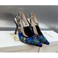 Charming Dior J'Adior Slingback Pumps 6.5cm in Cobalt Blue Multicolor Embroidered Cotton with Toile de Jouy Voyage Motif