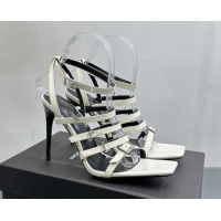 Charming Saint Laurent Jerry High Heel Sandals 10.5cm in Patent Leather and Crystals White 614074