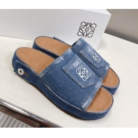 Lower Price Loewe Pocket Denim Platform Slide Sandals Blue 607108