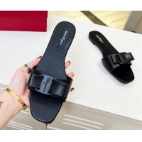 Good Product Salvatore Ferragamo Alice Vara Bow Patent Leather Flat Slide Sandals All Black 012966