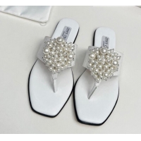 Best Grade Jimmy Choo Straw Flat Thong Slide Sandals with Pearls White 915050