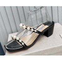 Big Discount Jimmy Choo Amara Leather Heel Slide Sandals 4.5cm with Pearls Black 915053 