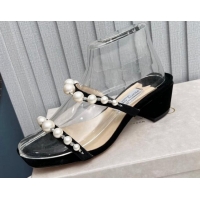 Sumptuous Jimmy Choo Amara Suede Heel Slide Sandals 4.5cm with Pearls Black 915056
