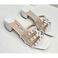 Best Grade Jimmy Choo Leather Heel Slide Sandals 4.5cm with Pearls White 915058