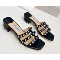 Best Price Jimmy Choo Leather Heel Slide Sandals 4.5cm with Pearls Black 915059