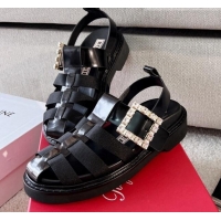 Grade Quality Roger Vivier Viv' Rangers Crystal Buckle Sandals in Leather and Nylon Black 712029