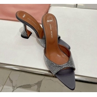 Discount Amina Muaddi Caroline Crystal Heeled Slide Sandals in Satin 9.5cm Dark Grey 020607