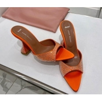 Good Quality Amina Muaddi Caroline Crystal Heeled Slide Sandals in Satin 9.5cm Orange 020608