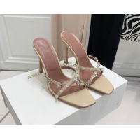 Classic Hot Amina Muaddi Lily Lambskin High Heel Sandals 9.5cm with Crystals and Bloom Beige 071032