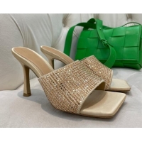 Perfect Bottega Veneta Lido High Heel Slide Sandals in Silk and Crystals 9cm Gold 032013