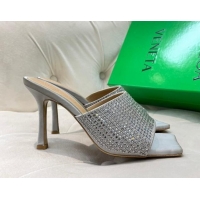 Fashion Bottega Veneta Lido High Heel Slide Sandals in Silk and Crystals 9cm Silver 032016