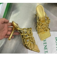 Charming Bottega Veneta Stretch Twist Tubular Laminated Leather Heel Slide Sandals 9cm Gold 403053