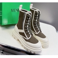 Stylish Bottega Veneta Canvas Lace-up Ankle Boots 6cm with Zip Green 724084