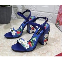 Grade Quality Dolce & Gabbana High Heel Sandals 10.5cm in Printed Calfskin with Bloom Charm Blue 401018