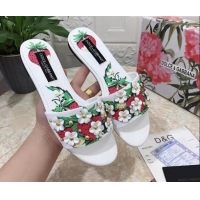 Best Grade Dolce & Gabbana Flat Slide Sandals in Printed Calfskin with Bloom Charm White 401019
